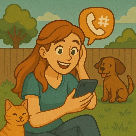 Eine rothaarige Frau sitzt im Gras in einem Garten, lächelt und schaut auf ihr Smartphone. Eine orangefarbene Katze schmiegt sich an sie und ein brauner Hund sitzt in der Nähe. Eine Sprechblase mit einem Telefon-Icon und einem Hashtag schwebt über ihr, was auf ein Telefongespräch hinweist.