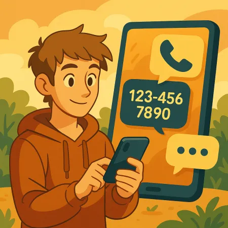 Junger Mann mit Hoodie, der sein Smartphone benutzt, mit einem großen Telefonbildschirm im Hintergrund, der ein Anrufsymbol und eine fiktive Telefonnummer (123-456-7890) anzeigt, in einer stilvollen und einladenden Außenumgebung.