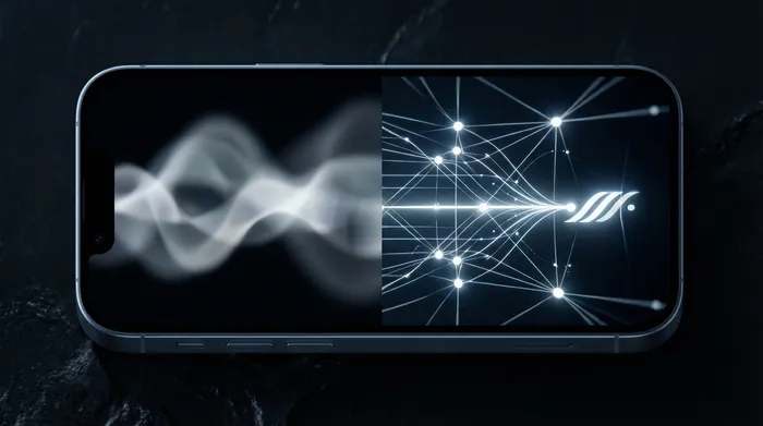 Ein Mann im Anzug bedient eine holografische digitale Schnittstelle mit Netzwerkdaten und IP-Adressen, die über einem Smartphone angezeigt wird.