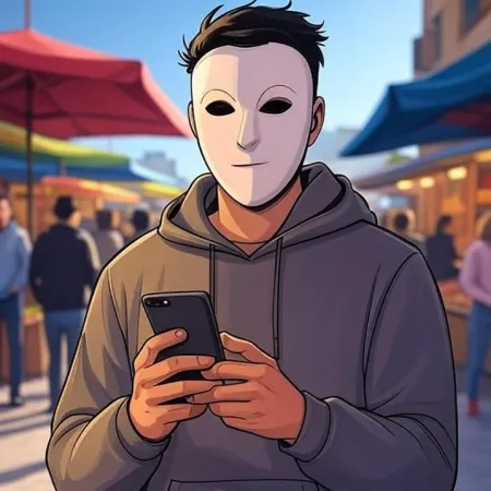 Ein junger Mann im Anime-Stil, der eine weiße Maske und einen grauen Kapuzenpullover trägt, schaut auf sein Telefon auf einem Freiluftmarkt.