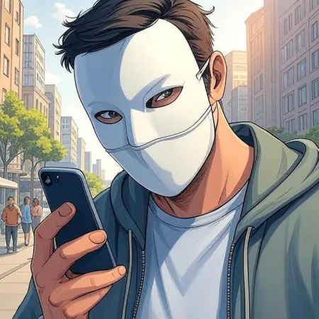 Ein Mann mit einer weißen Maske und einem Kapuzenpulli schaut auf sein Handy in einer Stadtstraße. Das Bild ist im Stil eines Cartoons oder Comics gestaltet.