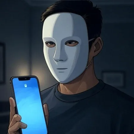 Eine Person mit einer weißen Maske, die ein Smartphone mit eingeschaltetem Sperrbildschirm hält.