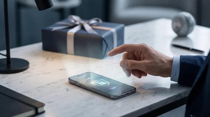 Eine Hand hält ein Smartphone, das eine Messaging-Oberfläche mit überlagerten technologischen Grafikelementen wie einem Vorhängeschloss, Schaltkreisen und einer Telefonnummer anzeigt, was die mobile Sicherheit und die digitale Kommunikation illustriert.