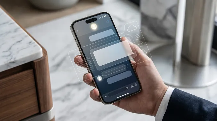 Ein Smartphone auf einem Schreibtisch neben einem Laptop, das digitale Geolokalisierungssymbole in Augmented Reality anzeigt.