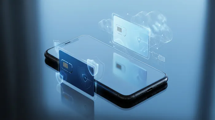 Eine Hand hält ein Smartphone, das eine moderne holografische Messaging-Oberfläche mit Sprechblasen und Sicherheitssymbolen anzeigt.