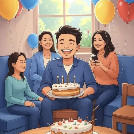 Lächelnder Mann, der einen Kuchen mit fünf Kerzen hält, umgeben von Verwandten in einem mit bunten Ballons dekorierten Wohnzimmer.