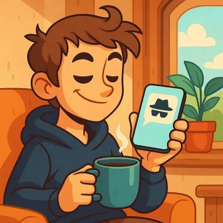 Illustration eines lächelnden jungen Mannes, der bequem mit einer Tasse Kaffee sitzt und ein Smartphone hält, das ein Symbol für eine anonyme Nachricht mit einem Hut und einer Sonnenbrille anzeigt.